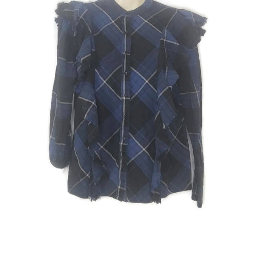 Maison Cinqcent Plaid Fringed Ruffle Button Down